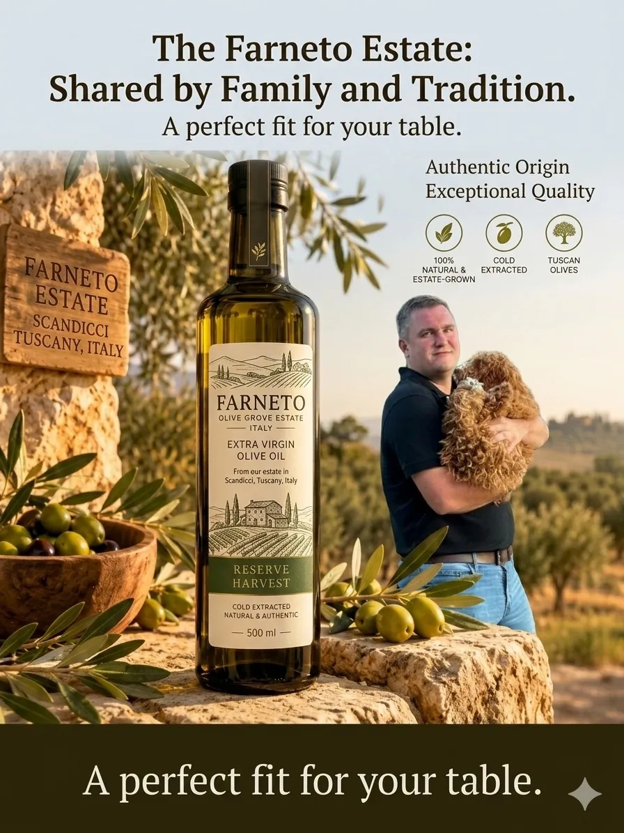 Farneto Estate olive oil poster with family dog