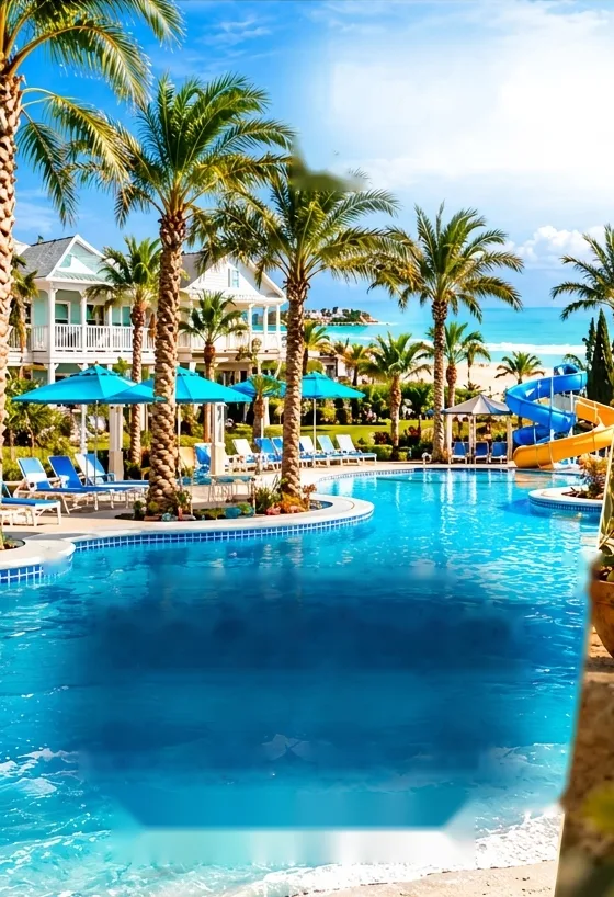 Palm-lined resort pool beside the Gulf beach in Panama City Beach, Florida