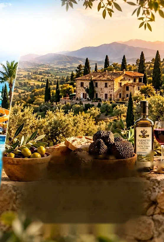 Stone farmhouse among olive groves and cypress trees in the Umbrian countryside